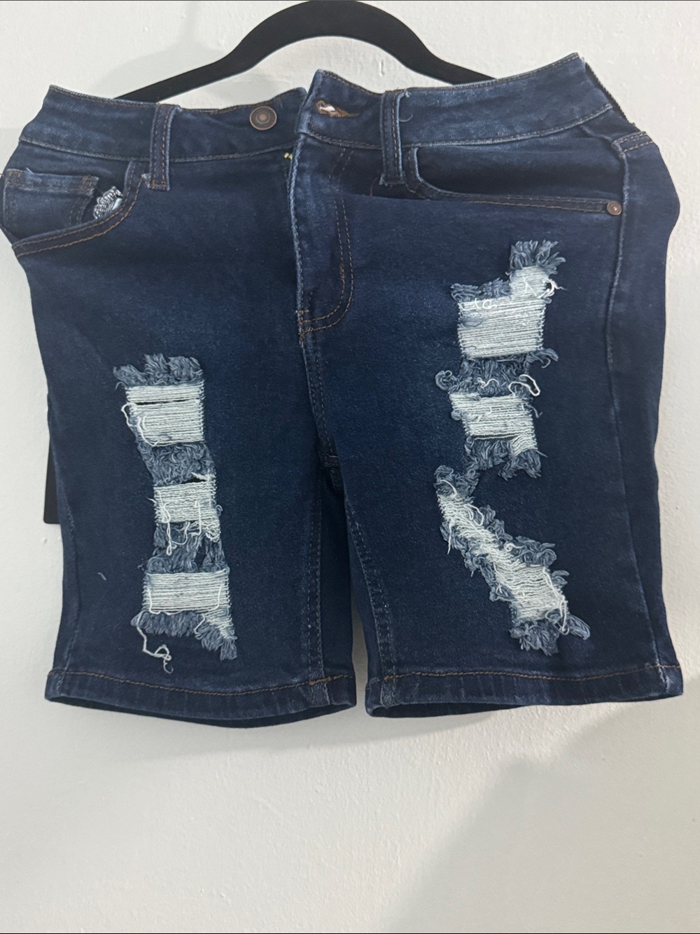 Dark Blue Distressed Cropped Denim Shorts - Women